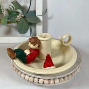1999 PartyLite Porcelain Santa’s Elves Saucerlite Candle Holder